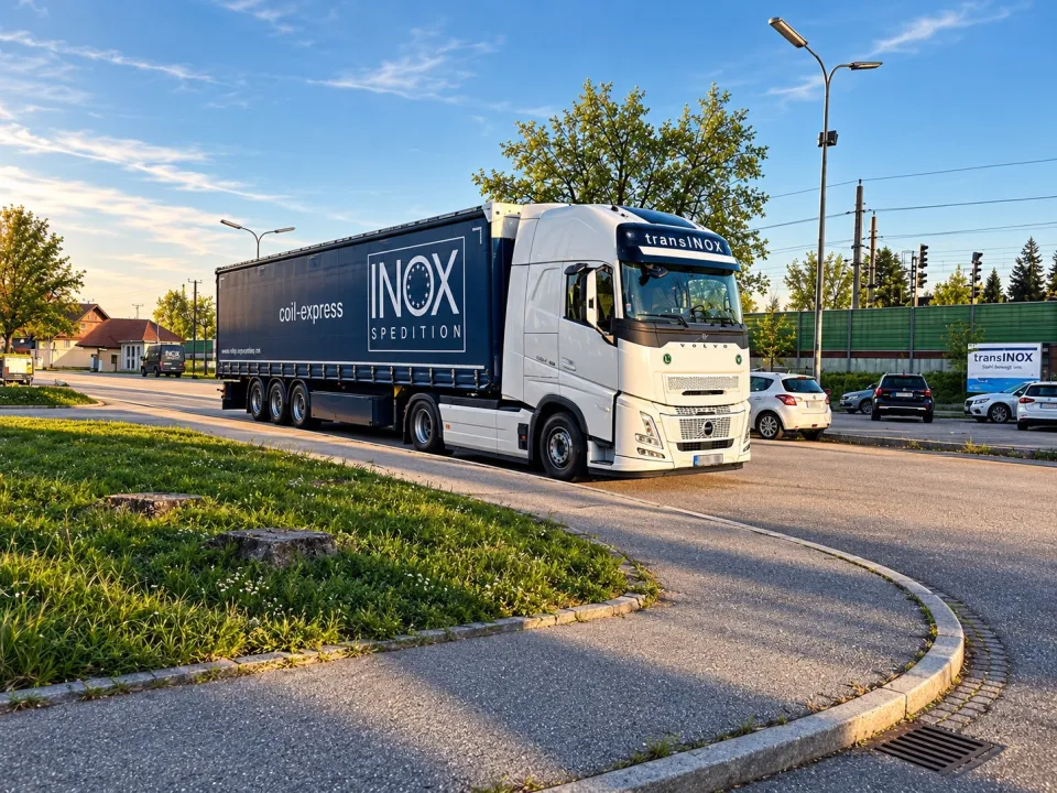 INOX Sattelzug auf einer Zufahrtsstraße im Abendlicht
