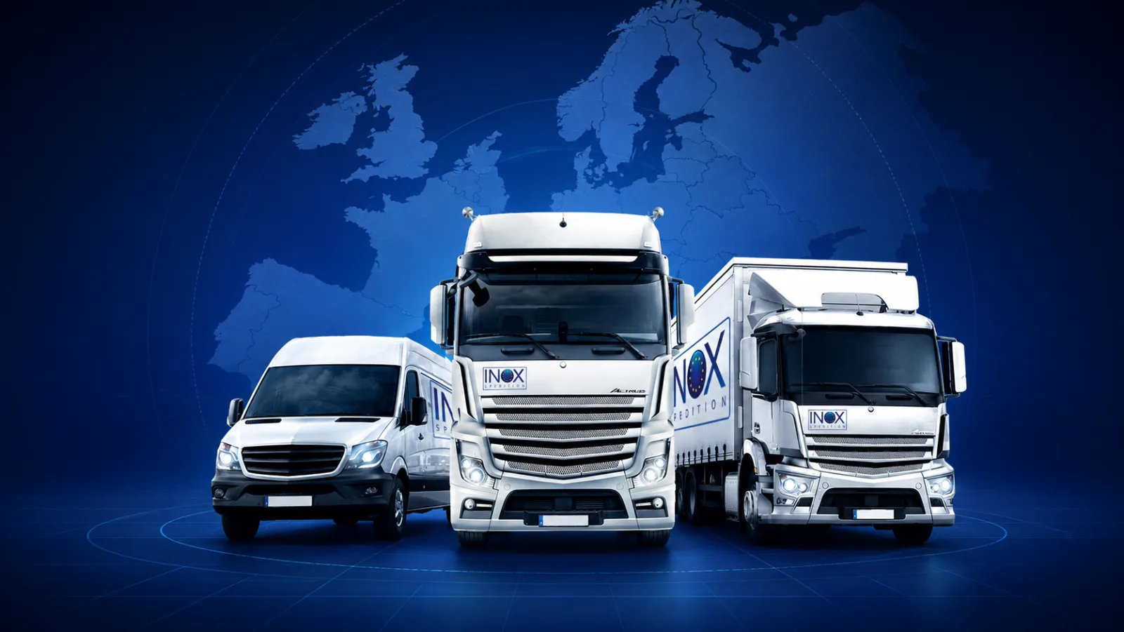 Transporter, Sattelzug und LKW der INOX Spedition vor einer Europakarte
